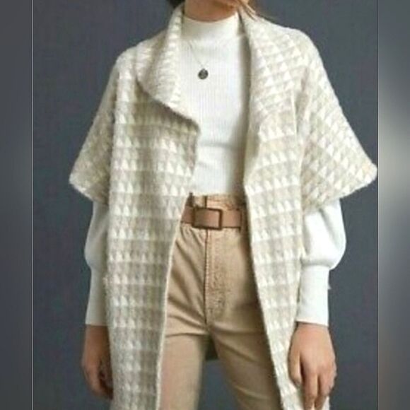 Anthropologie Two-Toned Cream Open Front Shawl Neck Collar Cardigan Sweater - Picture 1 of 15